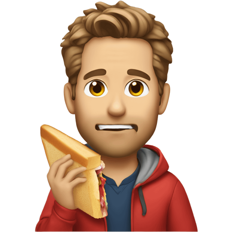 Ryan Reynolds wearing a red hoodie while eating a sandwich emoji