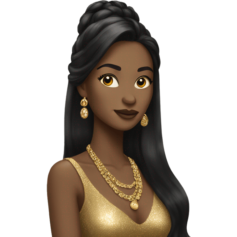 woman with black long hair in gold sparkle dress with gold jewelry emoji