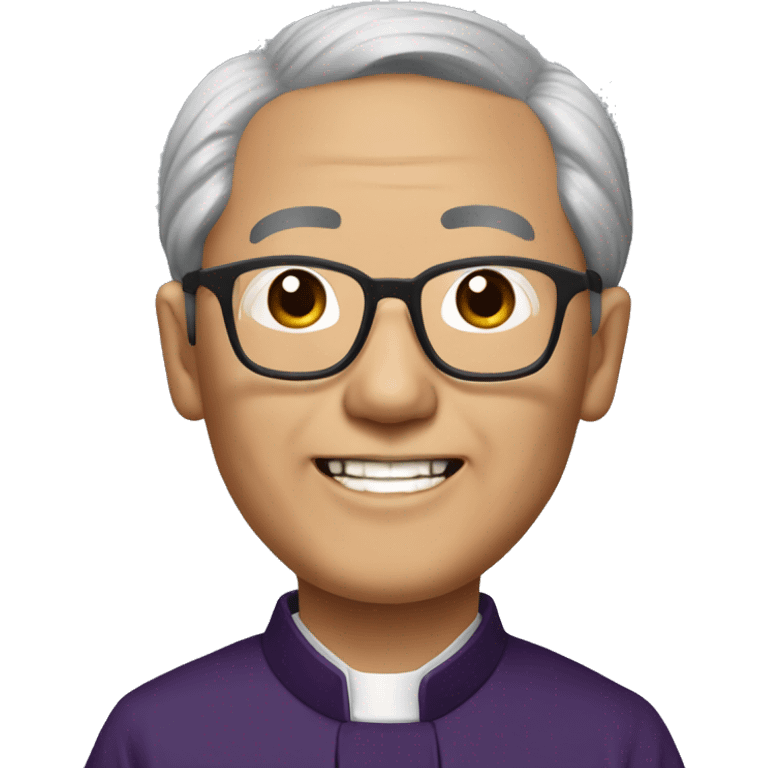 older hmong catholic priest with wrinkles with black hair, smiling with teeth and glasses, no beard or mustache emoji