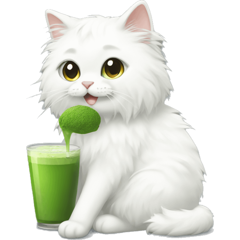 white fluffy cat drinking a matcha  emoji