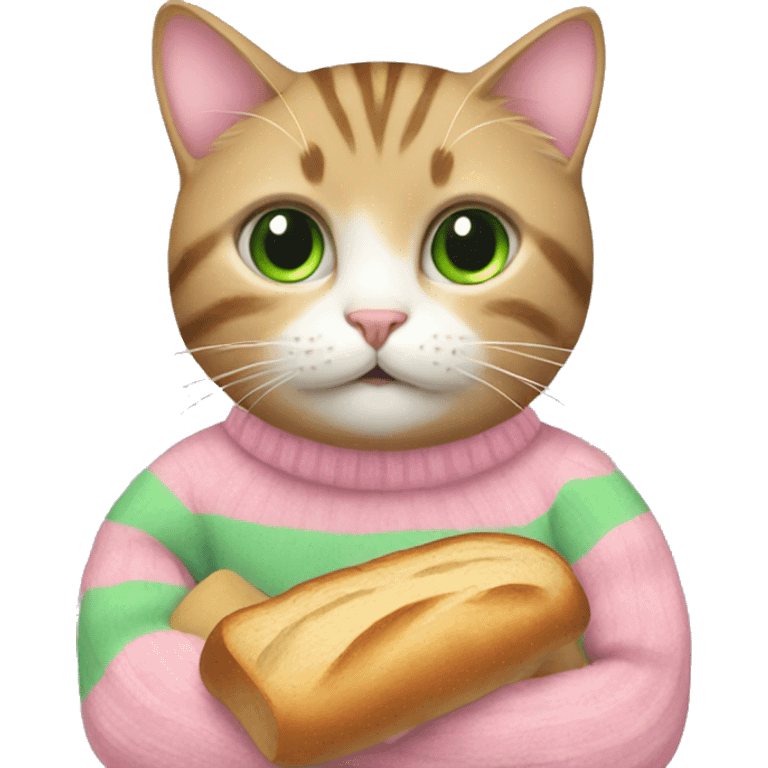 Cat wearing pink and green stripe sweater and eating bread emoji