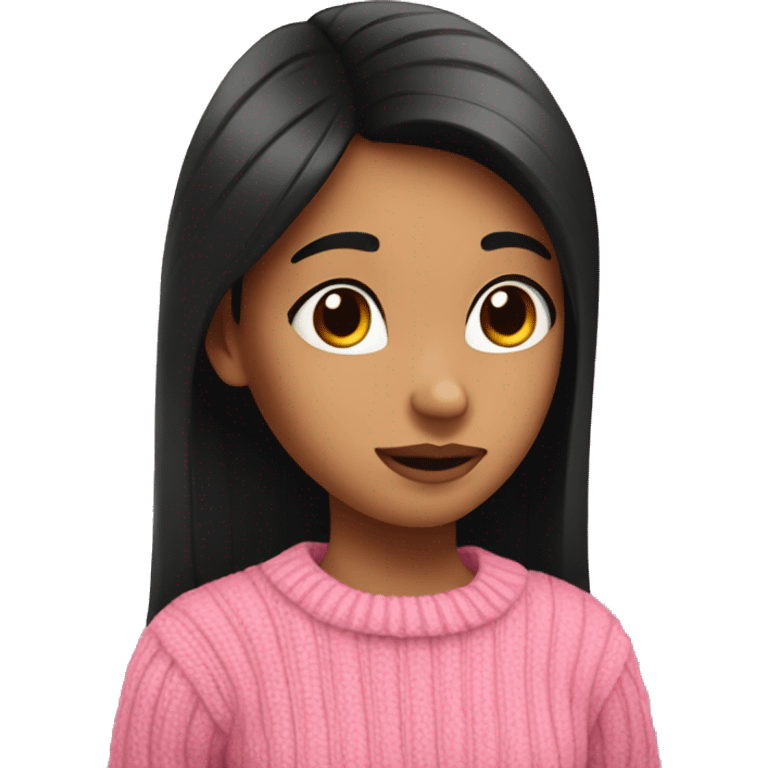 A girl with straight black hair in a pink sweater shows her heart with her hands emoji