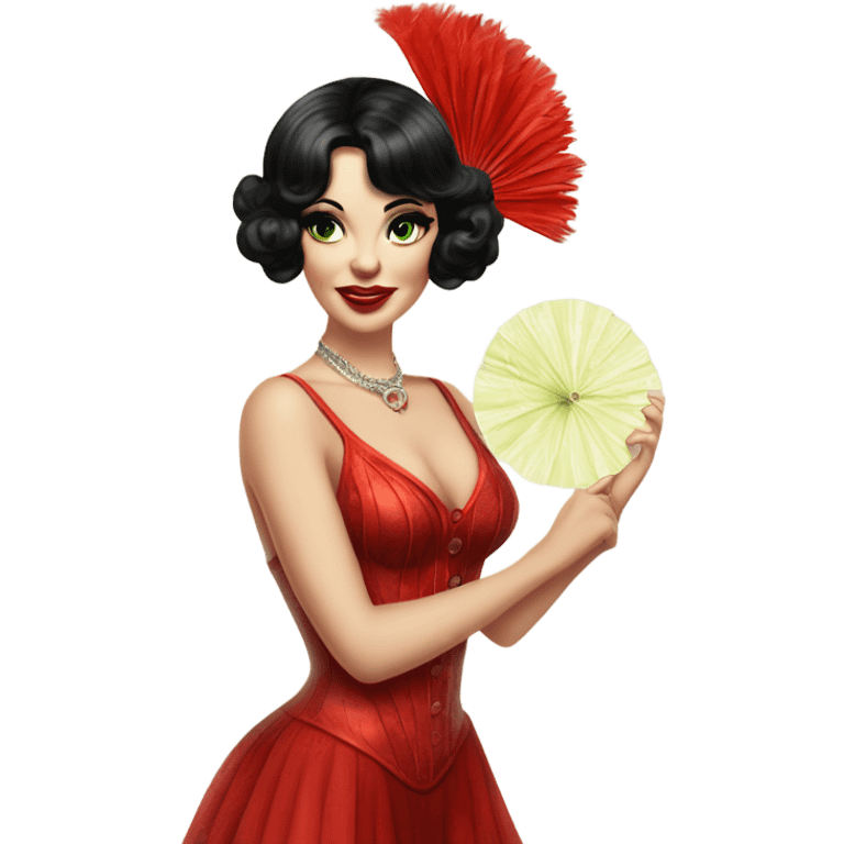 Burlesque dancer with black hair, pale skin, and green eyes in a red vintage costume holding red feather fans emoji