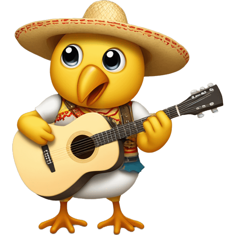 pollito tocando una canción con un sombrero de paja  y una guitrra emoji