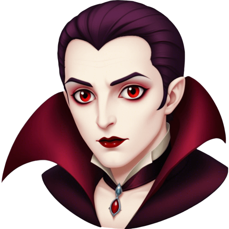 Cinematic Noble Vampire Portrait Emoji, Elegant and commanding, with a refined, pale visage framed by dark, velvet accents and a hint of crimson, exuding timeless seduction and dangerous allure, simplified yet exquisitely detailed, glowing with a soft nocturnal radiance and a subtle, mysterious outline that captures the regal spirit of an immortal lord of the night! emoji