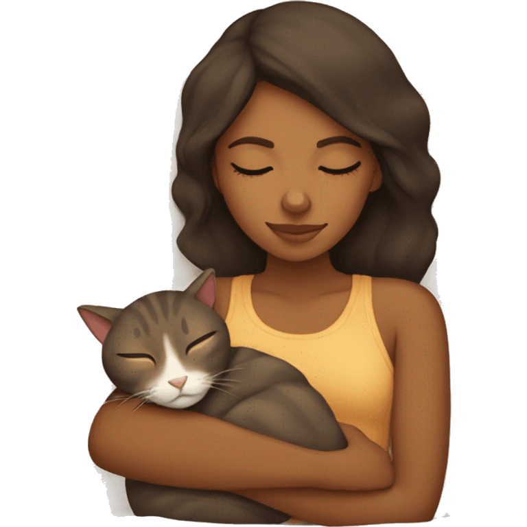 Brown girl sleeping with tan cat emoji