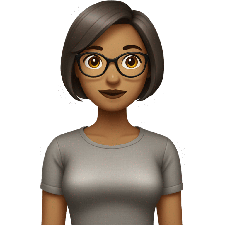 A woman with a fair, round face, large eyes, and a small mouth. She wears glasses and has a cute, shoulder-length bob haircut in brown emoji