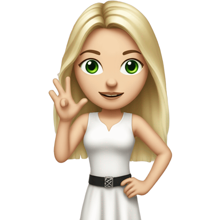 Realistic White girl with Long straight blonde hair, green eyes, tattoos, full body wearing white dress and pink knee-high leather boots, holding up two fingers  emoji