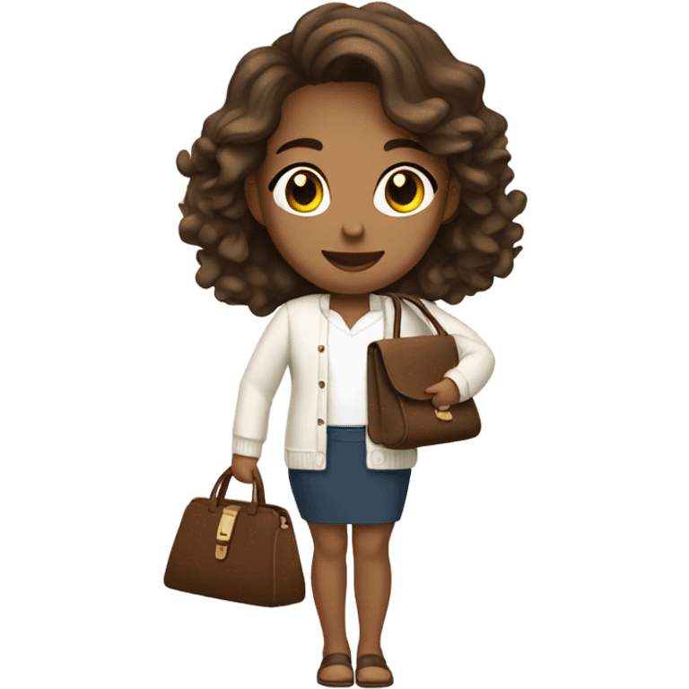 tan skin girl with brown slightly wavy hair, wearing a white cardigan and holding a purse emoji