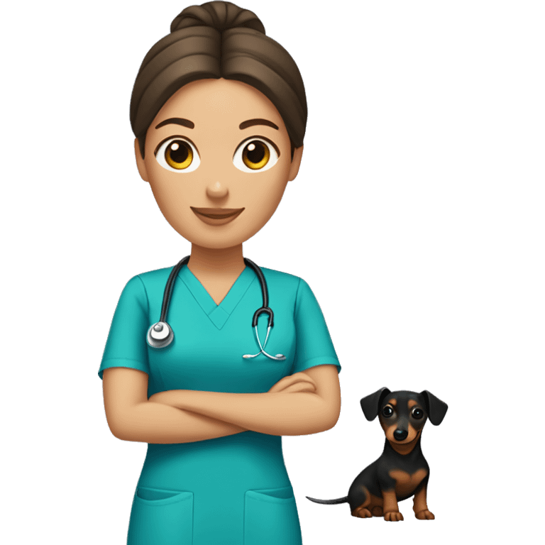 Brunette woman with a top knot wearing scrubs holding a dachshund emoji