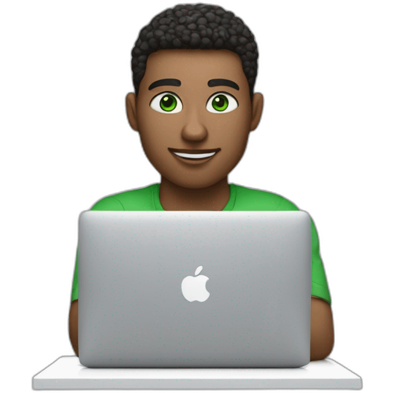 White Software engineer with green eyes coding on a macbook with AirPods emoji