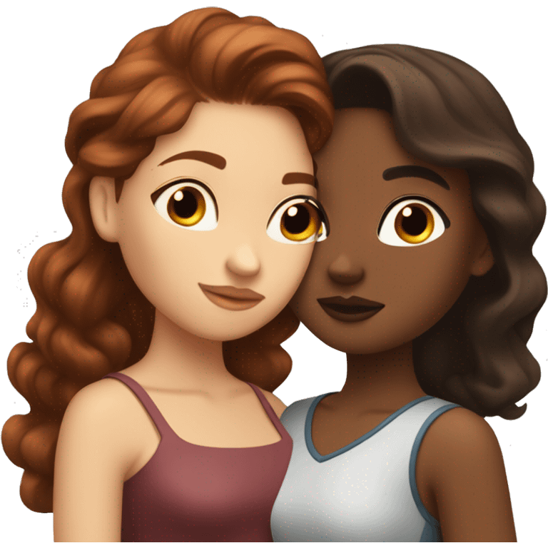 dark red haired girl kissing curled brunette hair girl they’re both white but the brown haired girl is a bit tanner  emoji