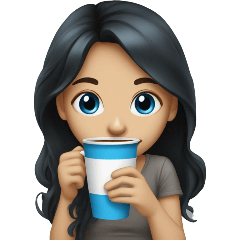 Girl with long black hair blue eyes sipping coffee emoji