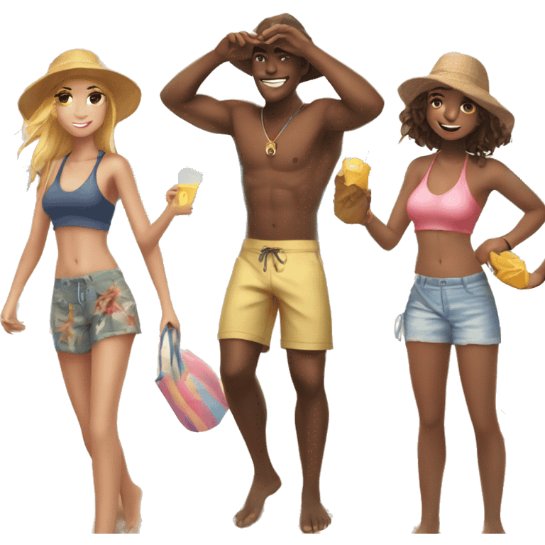 beach day with friends 4 girls anda guy with romantic beach actions emoji