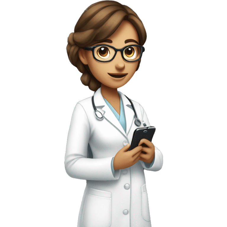 Administrator of the reproductive health office, a girl with brown hair, wearing glasses with notebooks and a phone in her hands. In a white medical gown emoji