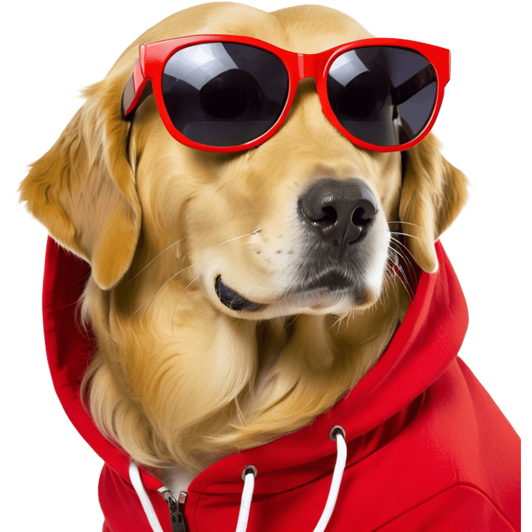 Golden retriever wearing a red hoodie and sunglasses emoji