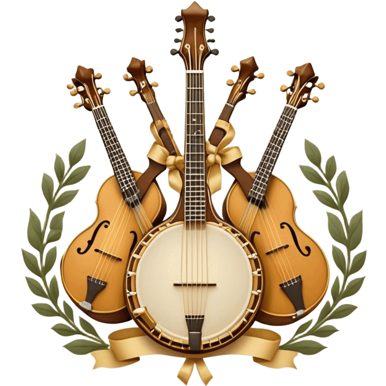 Design a sophisticated and festive emblem-like emoji representing plucked and stringed instruments. The layout should resemble a heraldic crest, featuring iconic instruments like a banjo, mandolin, domra, and sitar, artistically arranged in an elegant and symmetrical way. The necks of the instruments should be intertwined with a flowing ribbon of musical notes, winding around the strings and fretboards. The design should be detailed, showcasing the intricate carvings on the instruments, visible strings, and fret markers. Use a rich color palette with deep golds, browns, and vibrant accents to evoke a sense of luxury and celebration. The musical notes should appear to float around the instruments, connecting them in a graceful, dynamic way. Include ornate flourishes or decorative elements like laurels, swirls, or subtle engravings to give the image a professional, emblematic appearance. The background should be transparent. emoji