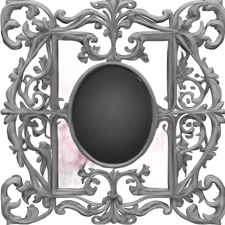 "Design a Victorian Gothic mirror with an ornate black frame featuring scrollwork and filigree. Include accents of dark red and burnt pink. The mirror glass should be gray, creating a mysterious and somber look." emoji