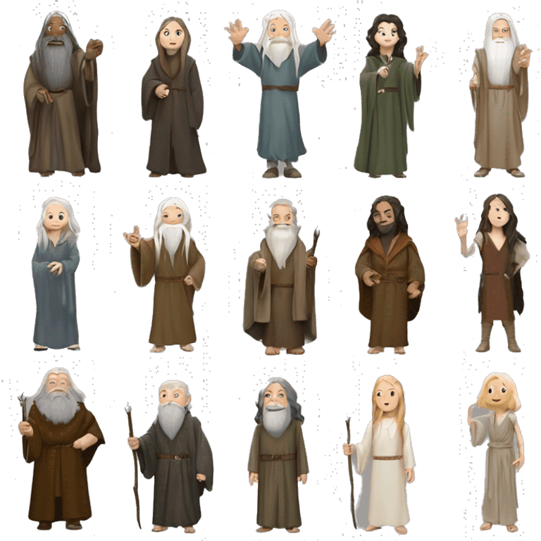 The Characters of "Lord Of The Rings" Gandalf, Frodo, Aragorn, Smeagull, Galadriel, Gollum, Sauron, Arwen & Gimli full body, standing together, smiling, facing the camera & waving goodbye emoji