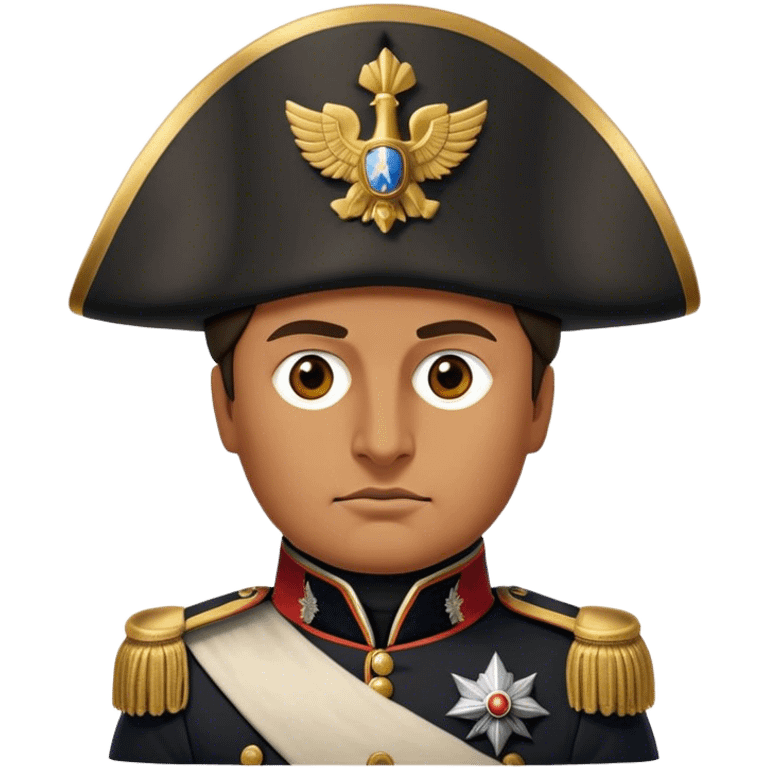 Cinematic Realistic Napoleon Bonaparte Portrait Emoji, depicted as a commanding military leader with a determined gaze and iconic bicorne hat, rendered with dramatic textures and bold historical lighting that captures his imperial legacy. emoji