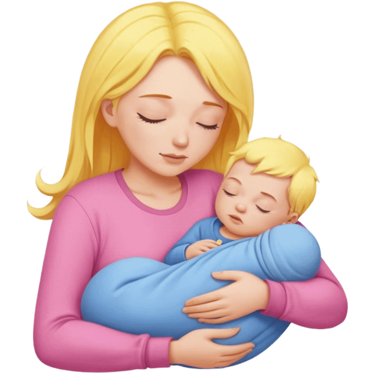 Mother holding baby, mother with yellow hair and pink clothes, baby in blue clothes is sleeping emoji