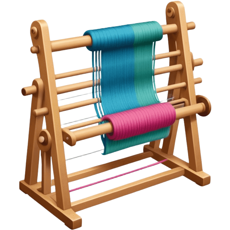 Weaving icon, loom with colorful fabric being woven, visible shuttle, spools of yarn, fabric swatches, sewing patterns, and finished clothes, minimalistic style, clean lines, transparent background. emoji