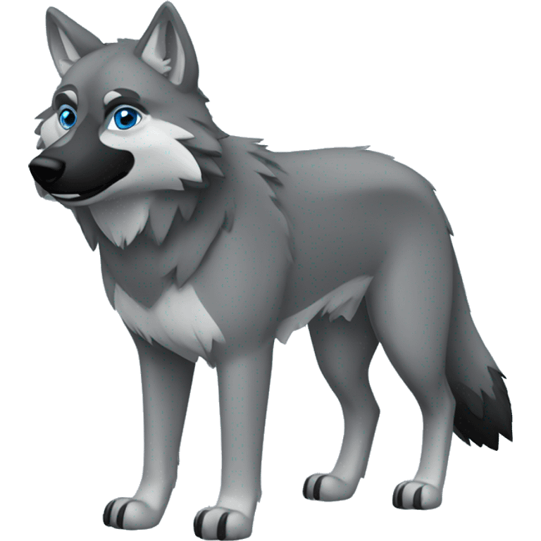 Full-body Grey wolf with black paws, black muzzle, black tail. with blue eyes. full body emoji