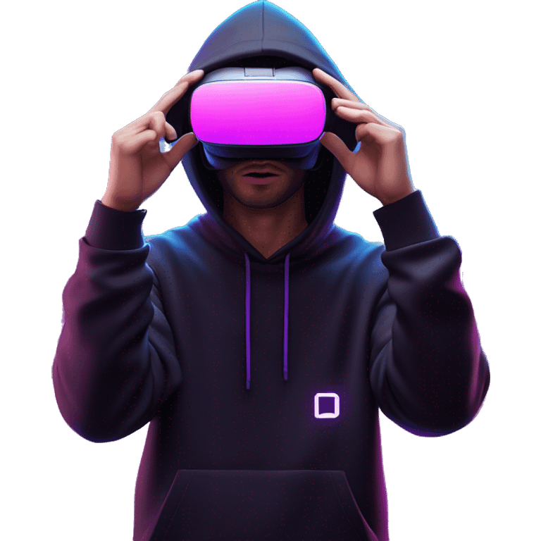 Russian man wearing a black hoodie with "OMG" letters on it and VR headset oculus quest 2 in a cyberpunk VR environment with violet neon lighting. Showing direction with hand emoji