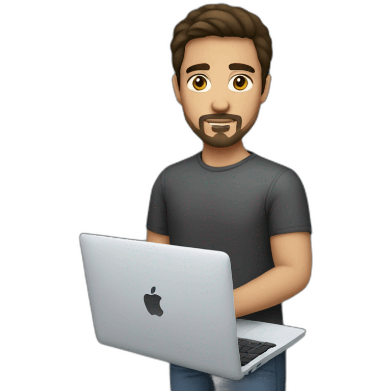 Young Brunette Man with goatee and no fringe using macbook emoji