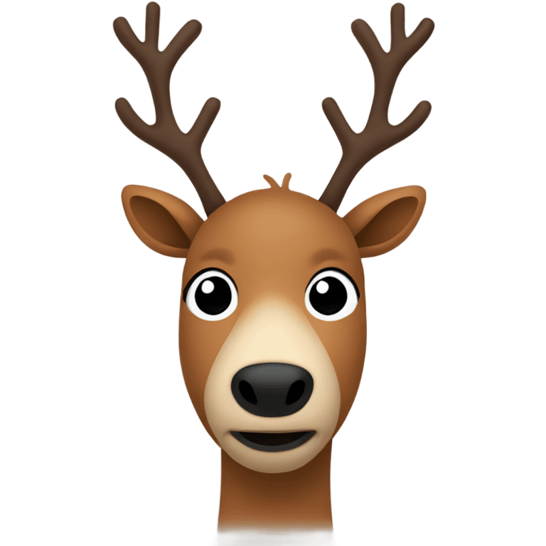 cartoon-style reindeer. It has a brown body with simple, rounded shapes. The head is round, with a large nose and two oblong black eyes in a minimalist style. emoji