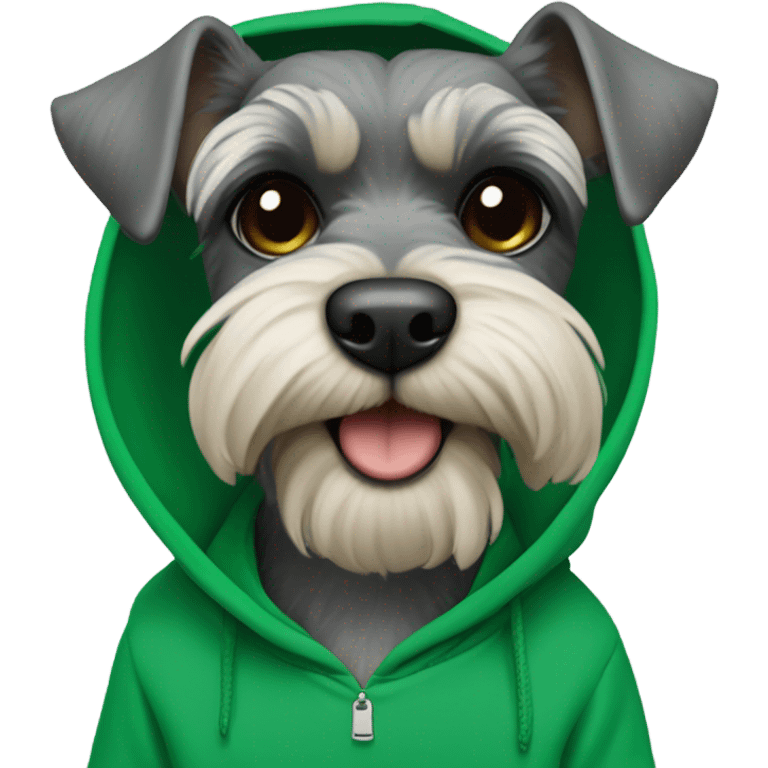 Mini schnauzer with a Kelly green hoodie over its head emoji