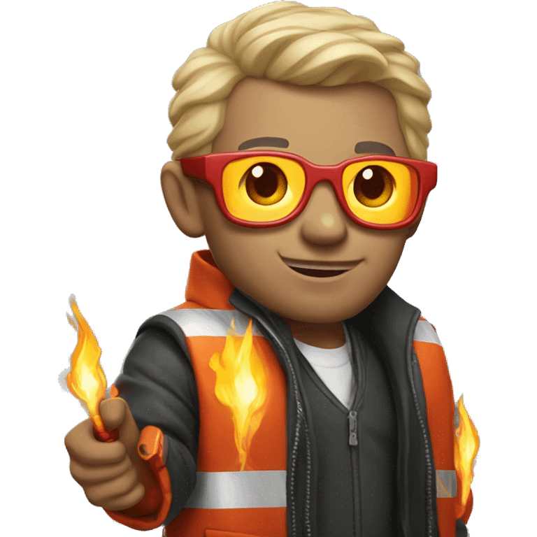 man with fire glasses and a mechanical arm attached to his jacket emoji