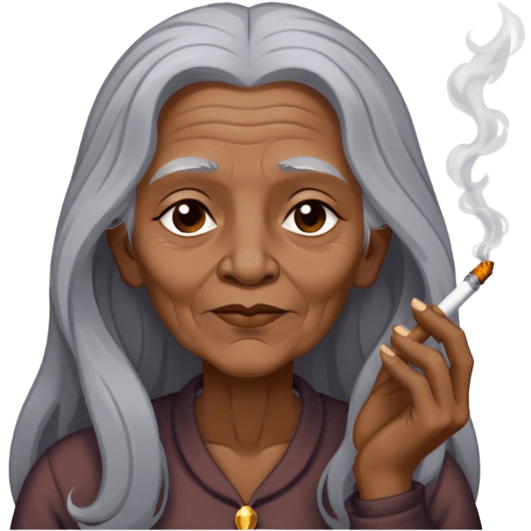 Old woman with very long gray hair smoking a joint emoji