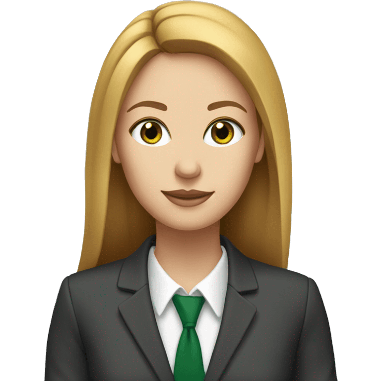 executive woman, long straight golden brown hair, green eyes, business suit emoji