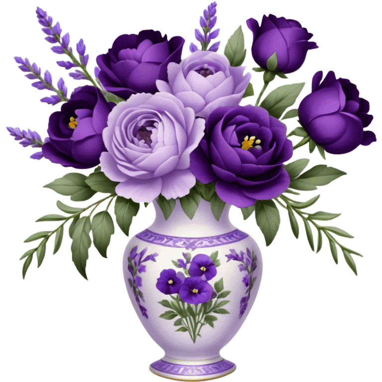 A dainty porcelain vase, hand-painted with delicate lavender pansies and deep purple roses, holds an elegant bouquet of amethyst-hued peonies, fragrant sprigs of wild lavender, and trailing silk ribbons, with a tiny heart-shaped charm dangling from its neck, swaying gently in the evening breeze.
 emoji