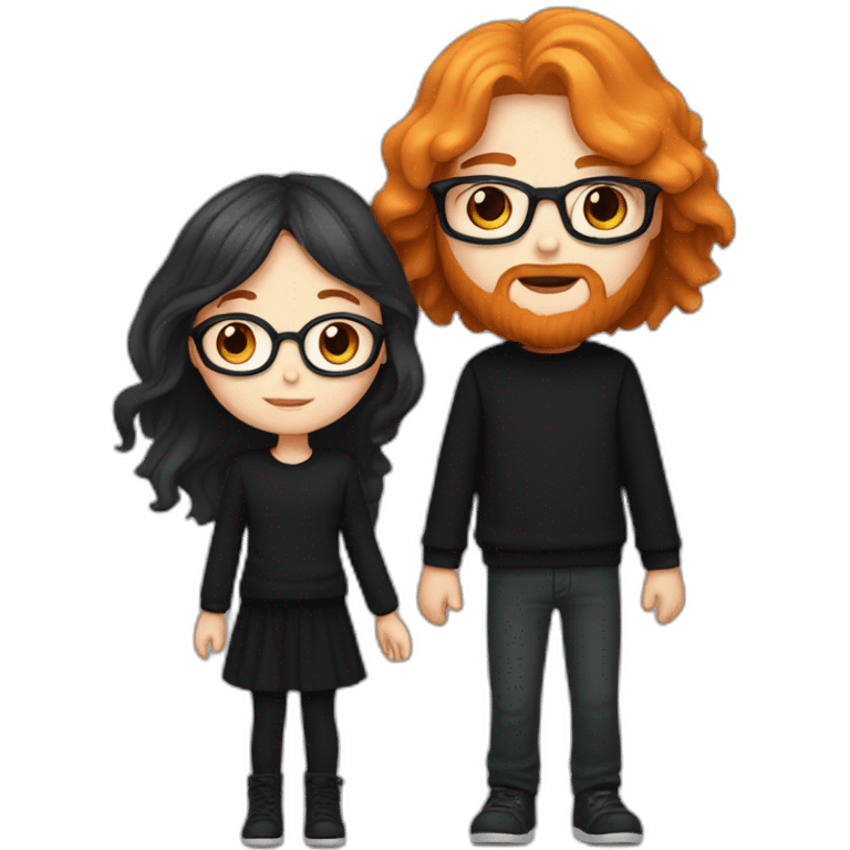 girl with long orange hair wearing no glasses and all black clothes and holding hands with boy with brown hair and beard and glasses and pale skin emoji