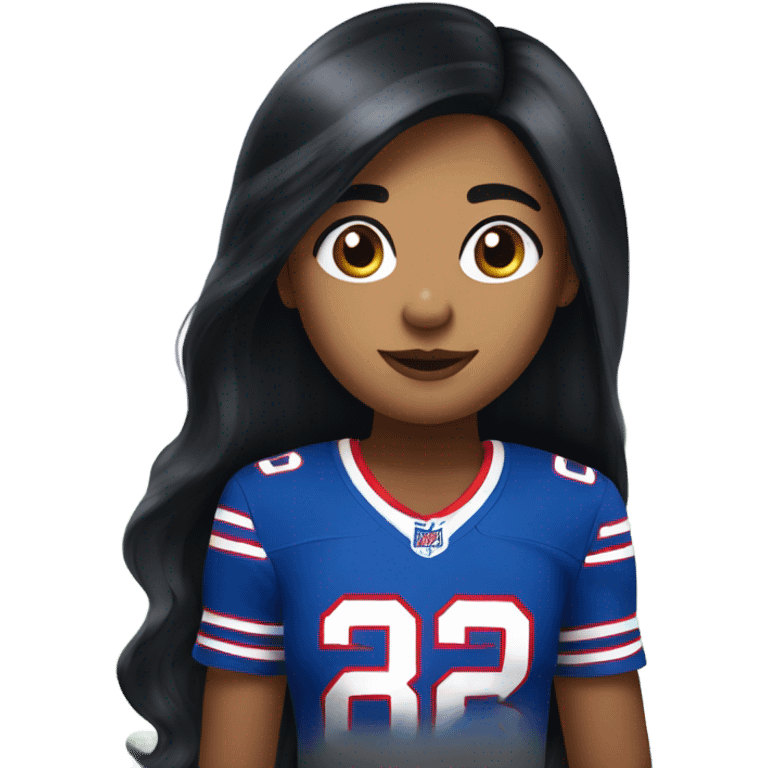 Girl with long black hair and freckles wearing buffalo bills jersey emoji