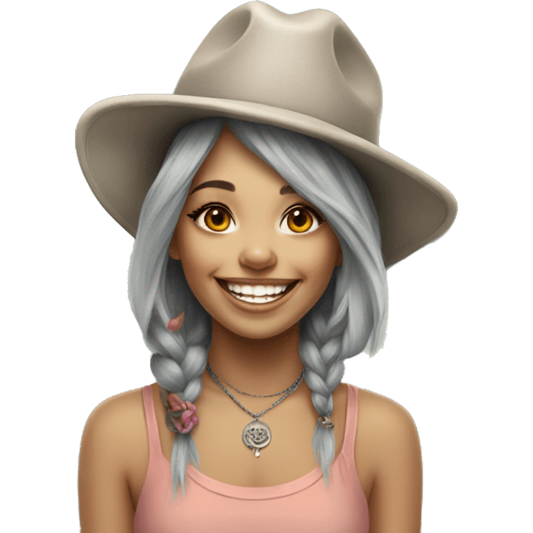 happy girls in stylish hats with elephant tattoo emoji