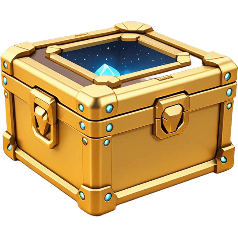 Clash of Clans aesthetic: Cinematic Playful Sci-fi Loot Crate Emoji, rendered in a 3D vector-style similar to standard emojis with minimal shading and bold, simplified shapes. A compact, futuristic storage box with sleek metallic panels and digital accents, softly glowing with a cosmic treasure charm. Simplified yet unmistakably iconic, highly detailed and consistent, glowing with a soft radiant shine and high gloss. Stylized with a touch of intergalactic mystery and a soft glowing outline, capturing the essence of a futuristic reward chest with a friendly, playful allure! emoji