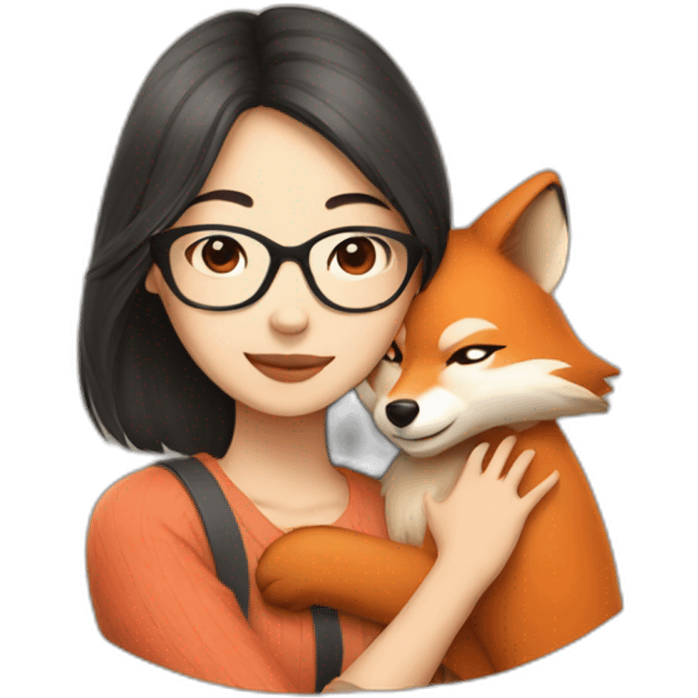 Young Asian woman with glasses hugging a fox emoji