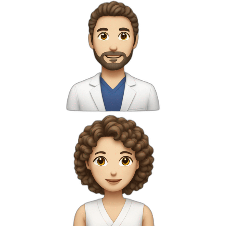 A white curly brown hair woman and a Japanese man with a little beard emoji