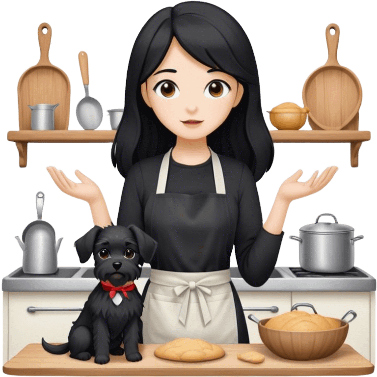 pale girl with long black hair wearing black long sleeve tshirt wearing apron and baking holding black floppy ear schnauzer emoji