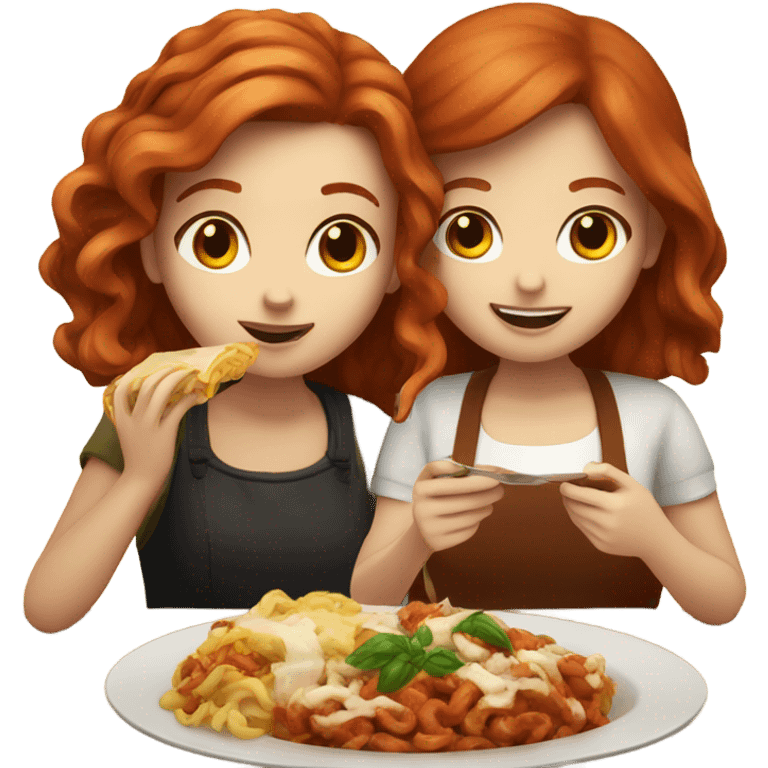 Redhead girl and brown haired girl eating Italian food emoji