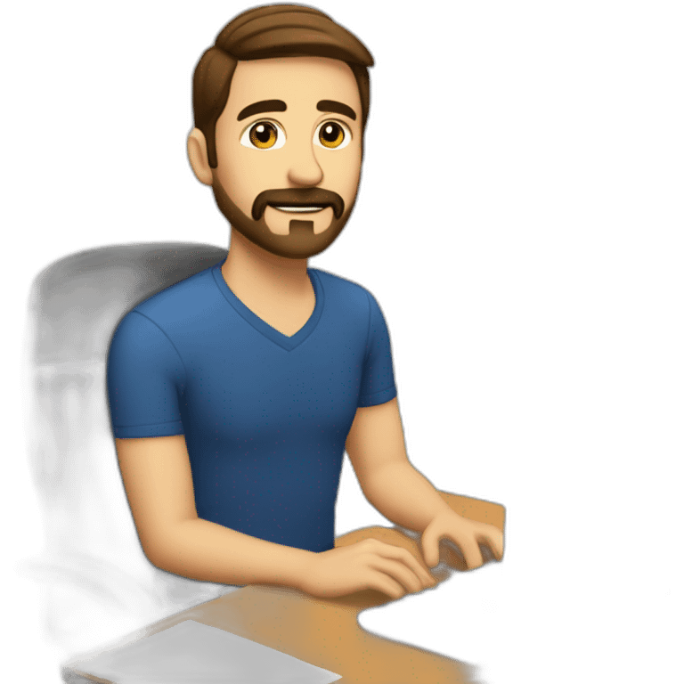 a man with short straight slightly raised brown hair, with a beard and mustache is sitting at a computer in the office emoji