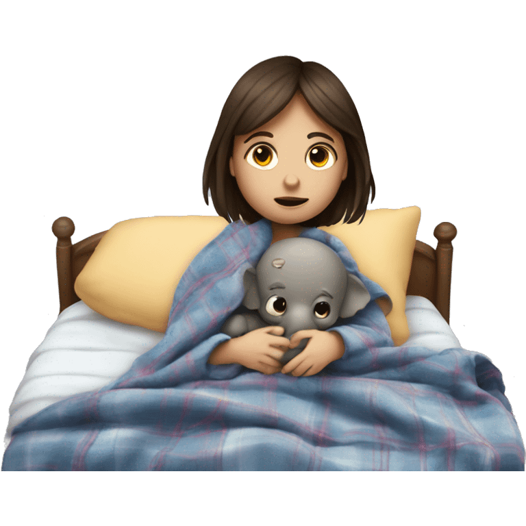 A sick brunette little girl in a bed with a fever, stomach flu, a plaid blanket and a stuffed elephant emoji