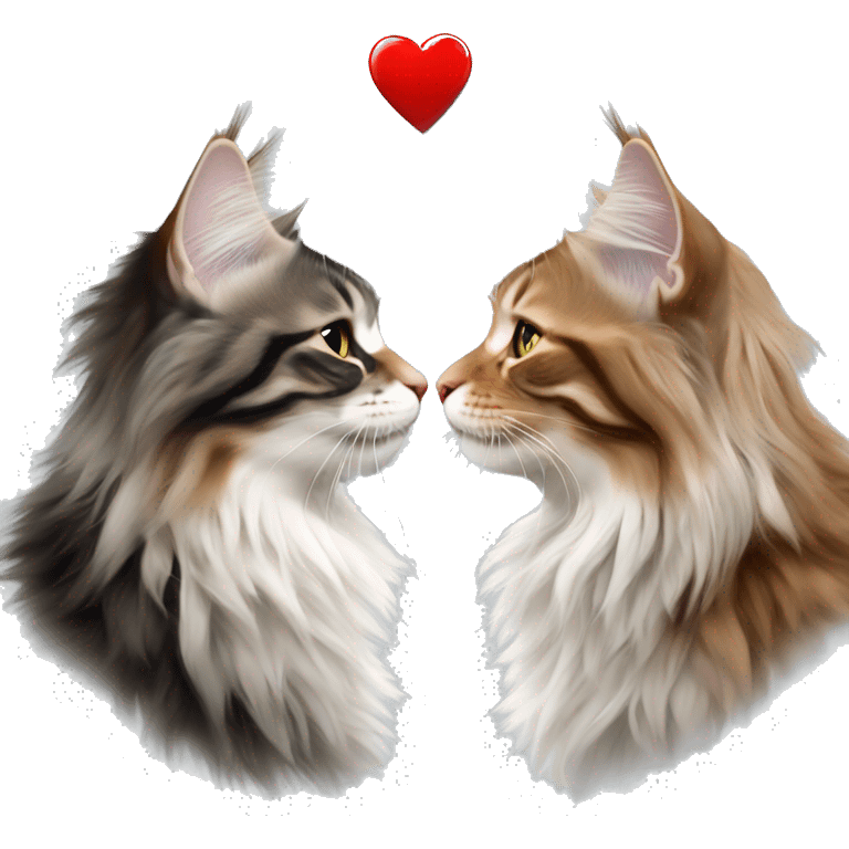 Two Maine coons of different colours kissing with a love heart  emoji