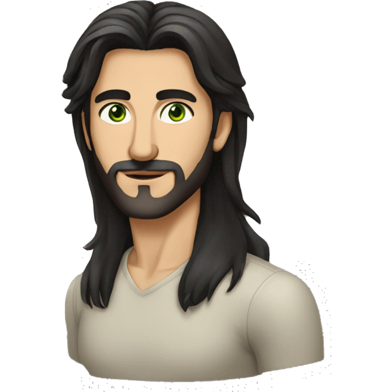 High details of man with iranian features a jewish nose green eyes and olive skin thin body and long black straight hair emoji