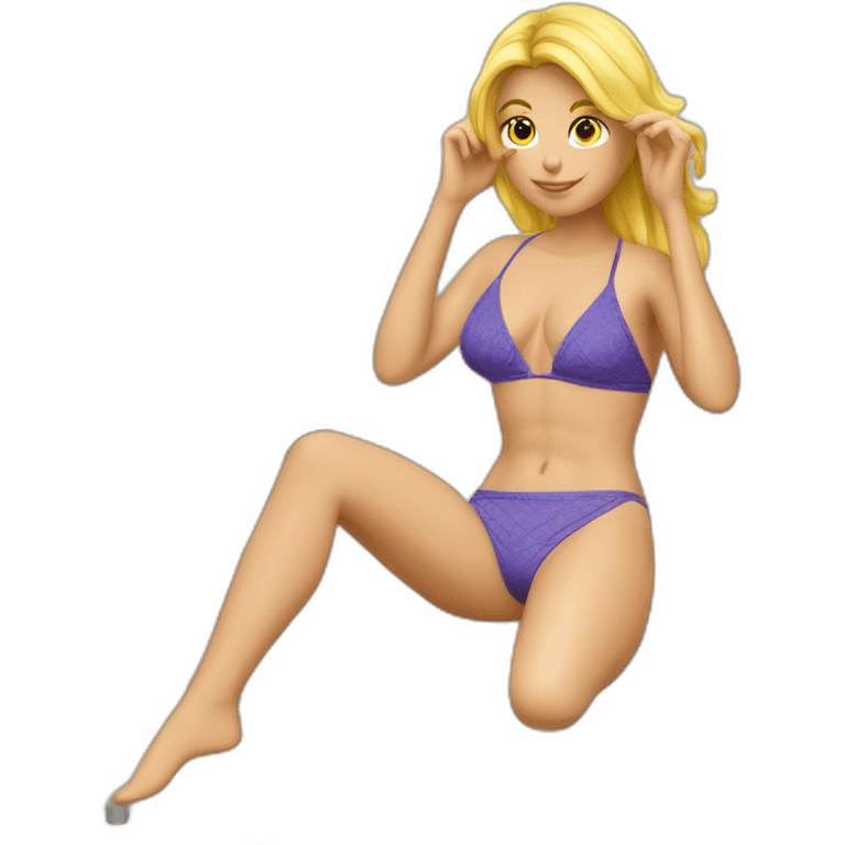 Soft-fit Caucasian woman bikini abs (hands-in-hair pose) (full body) couch emoji