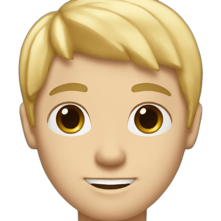 white man with clear skin with fringe up blonde hair style brown eyes and black t shirt emoji