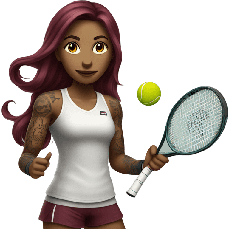 Beautiful tattooed  burgundy long haired woman playing tennis emoji